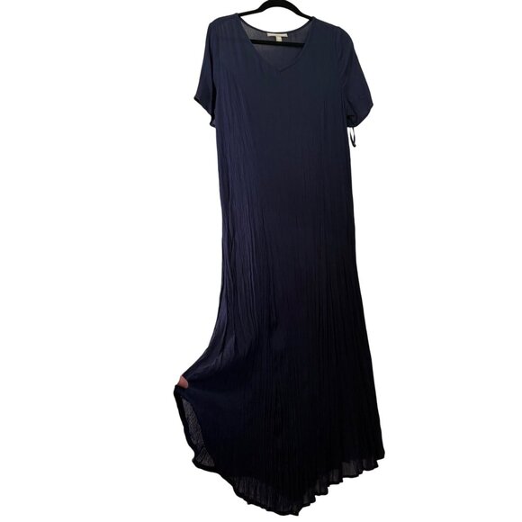 NWT Woman Within Crinkle Cotton Navy Blue Maxi Length Dress Coverup Size 14/16 - Picture 1 of 9